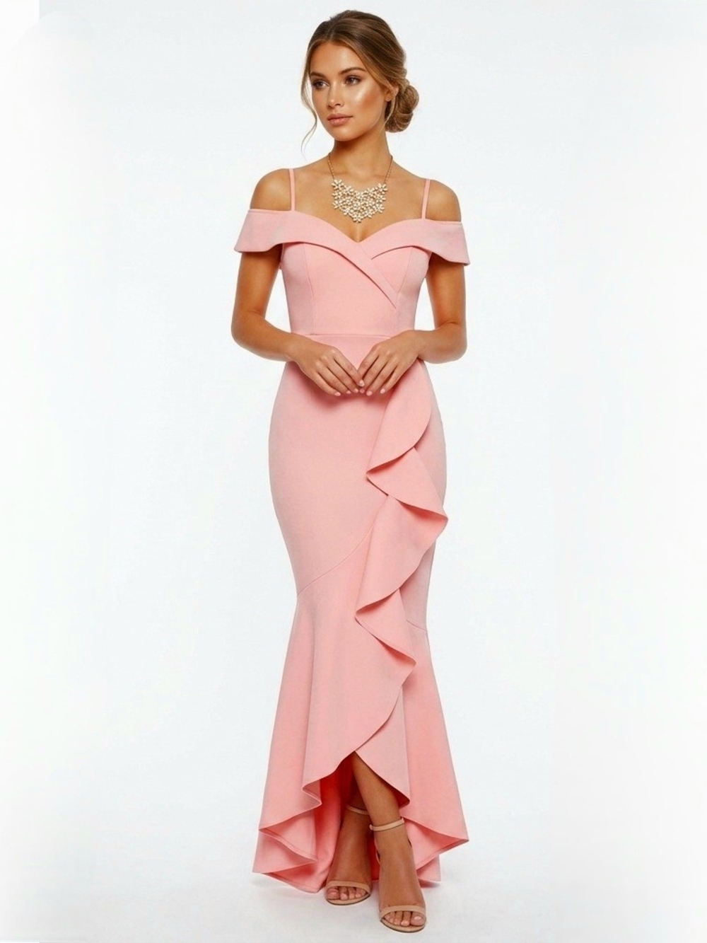 Off-Shoulder Pink Ruffle Mermaid Dress